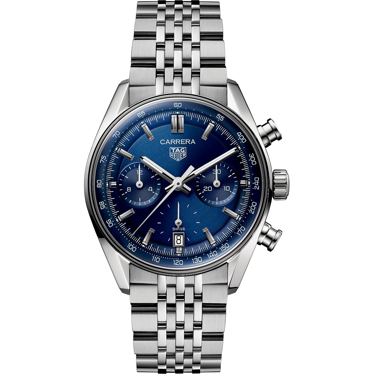 TAG Heuer Unisexuhr aus Edelstahl mit leuchtend blauem Zifferblatt und Chronographenfunktionen.