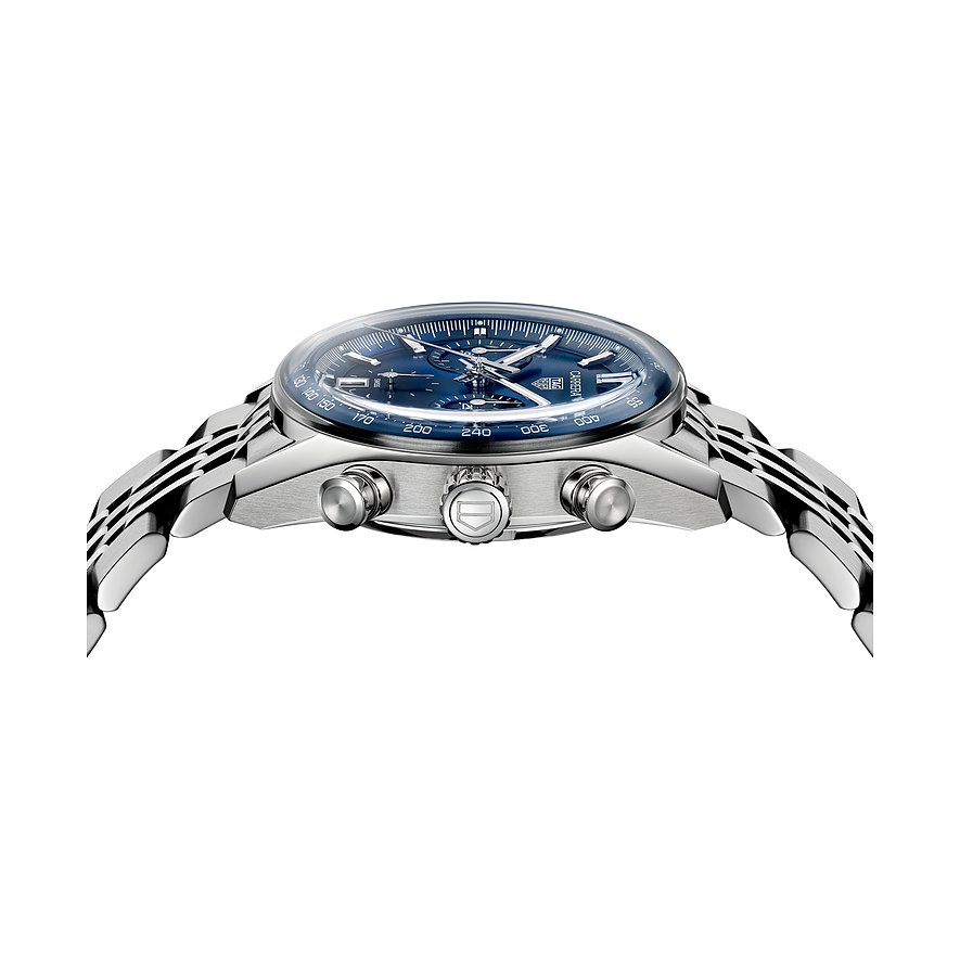 Seitenansicht der TAG Heuer Unisexuhr aus Edelstahl mit blauem Zifferblatt und Chronographenfunktionen.