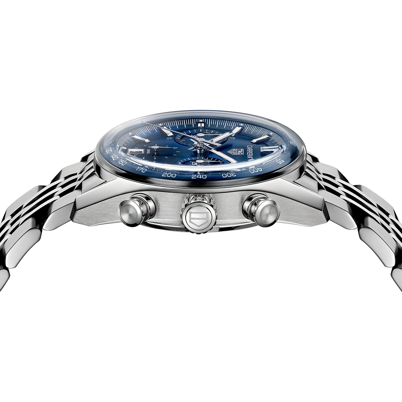 Seitenansicht der TAG Heuer Unisexuhr aus Edelstahl mit blauem Zifferblatt und Chronographenfunktionen.