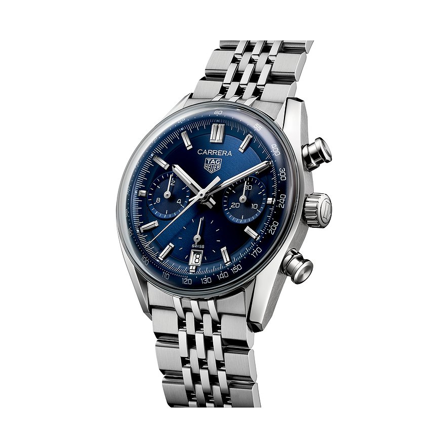 TAG Heuer Unisexuhr aus Edelstahl mit blauem Zifferblatt und silberfarbenem Armband, leicht schräg von oben.