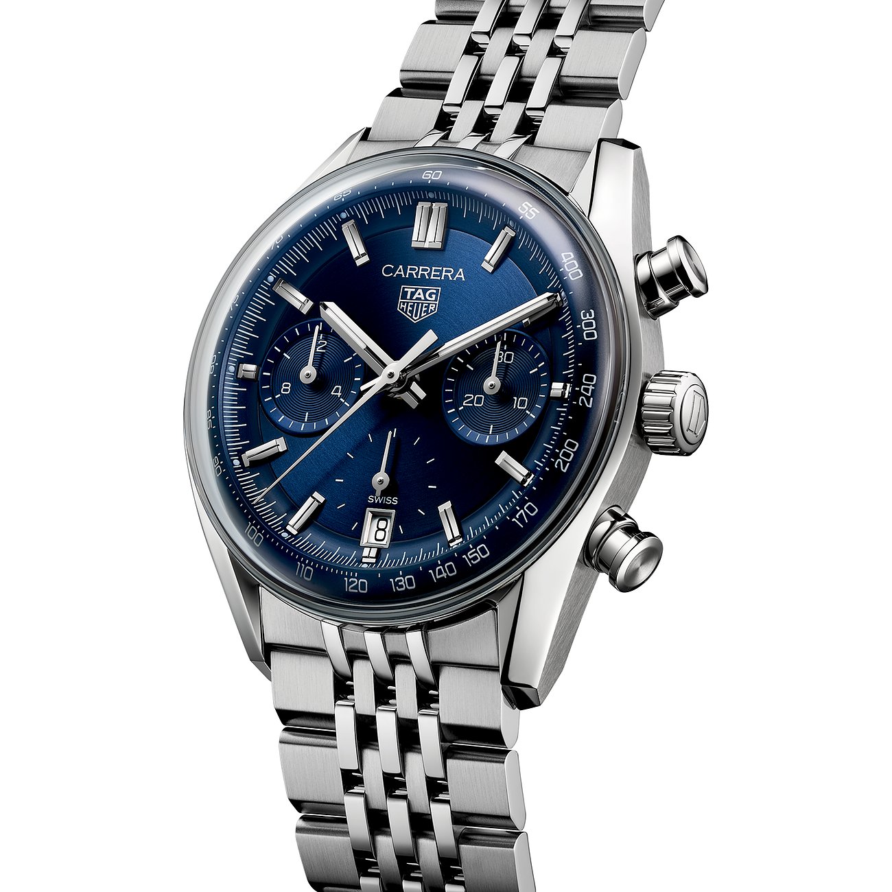 TAG Heuer Unisexuhr aus Edelstahl mit blauem Zifferblatt und silberfarbenem Armband, leicht schräg von oben.
