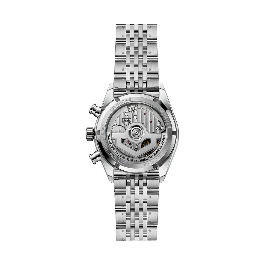 Rückseite einer TAG Heuer Unisexuhr aus Edelstahl mit sichtbarem Uhrwerk und Gravuren auf dem Gehäuse.