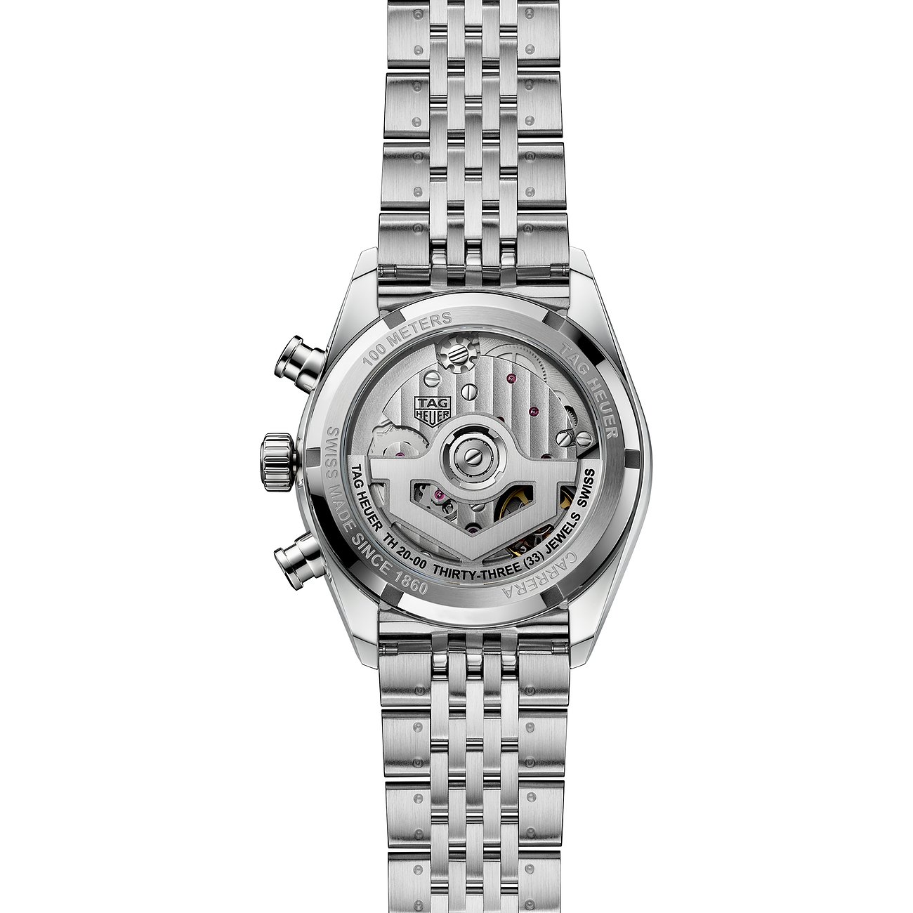 Rückseite einer TAG Heuer Unisexuhr aus Edelstahl mit sichtbarem Uhrwerk und Gravuren auf dem Gehäuse.