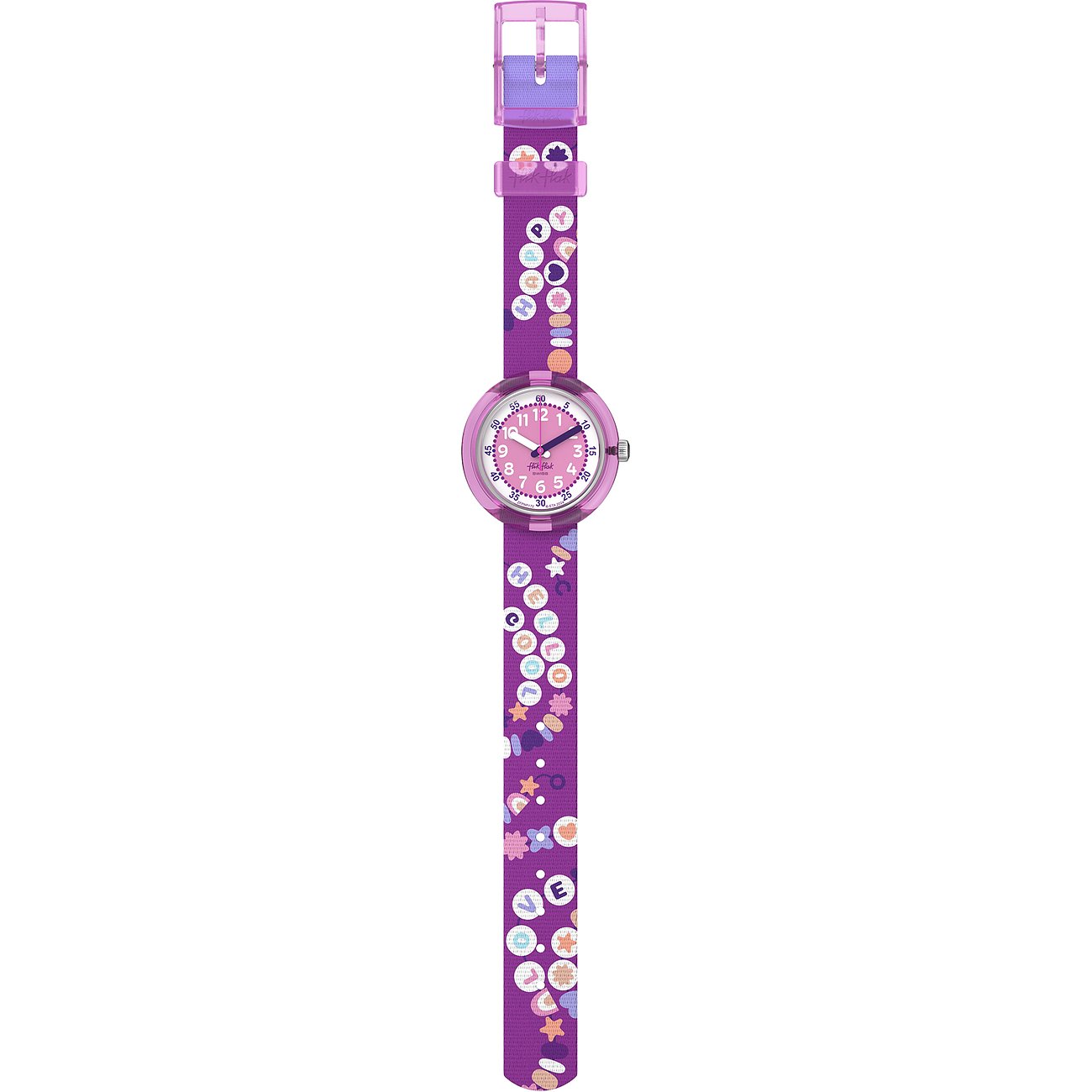 Lila Flik Flak barnklocka i plast med rosa urtavla och färgglada symboler på armbandet.