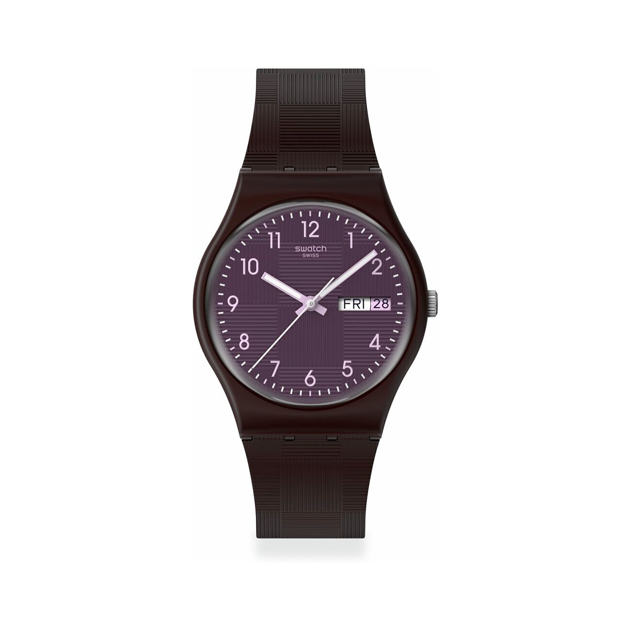 Swatch Unisexuhr aus dunkelbraunem Kunststoff mit einem lila Zifferblatt mit Karomuster und Datumsanzeige.