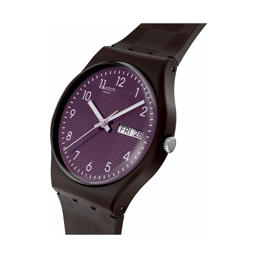 Die Swatch Unisexuhr aus dunkelbraunem Kunststoff mit einem auberginefarbenen Zifferblatt und Datumsanzeige.