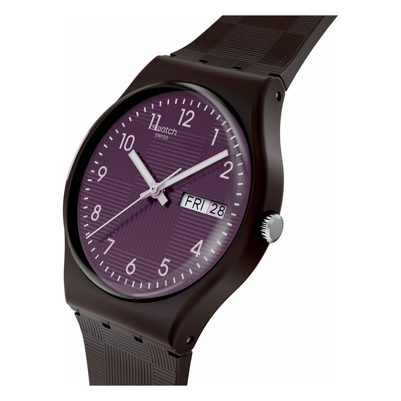 Die Swatch Unisexuhr aus dunkelbraunem Kunststoff mit einem auberginefarbenen Zifferblatt und Datumsanzeige.