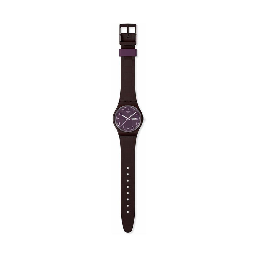 Swatch Unisexuhr aus Kunststoff mit dunkelbraunem Armband und violettem Zifferblatt