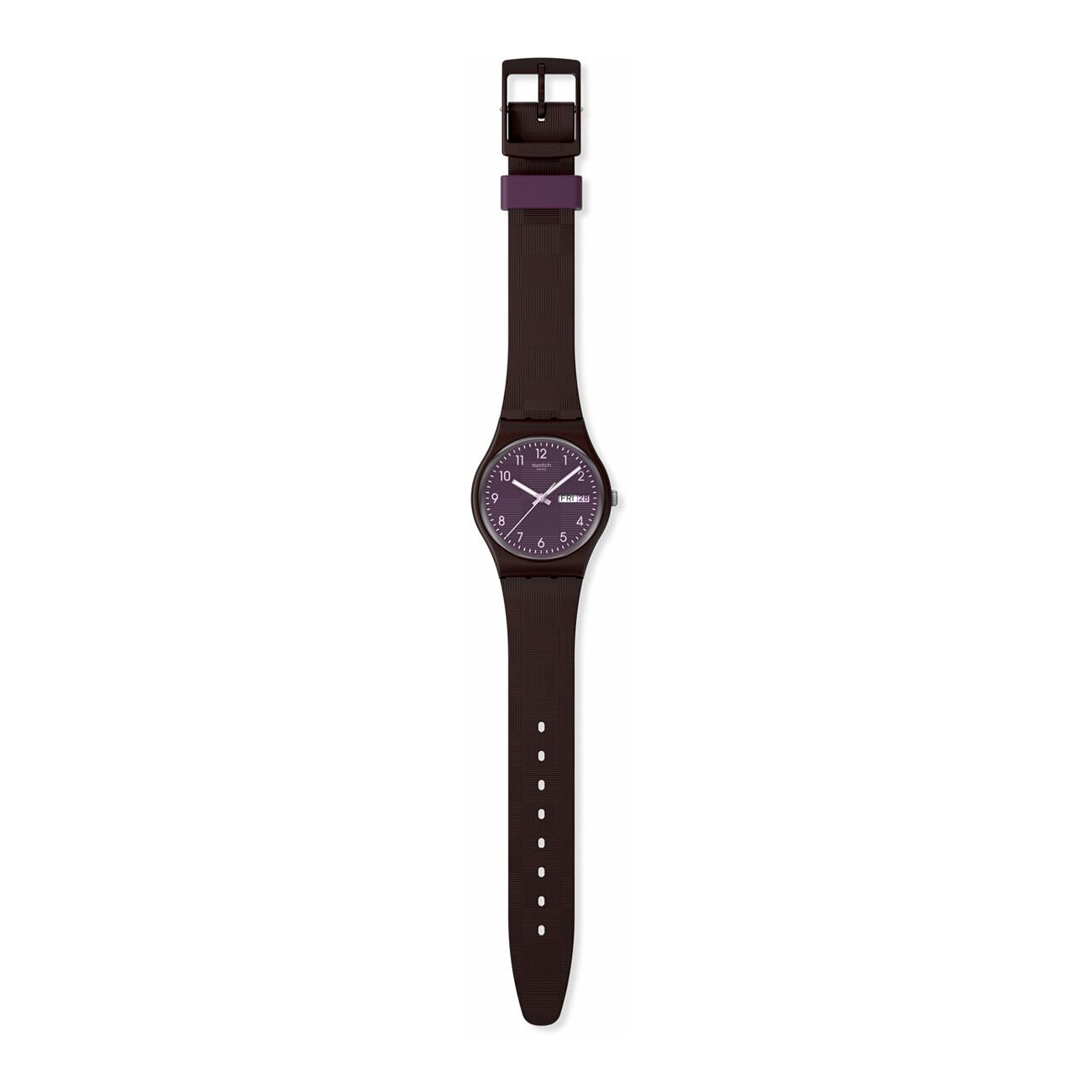 Swatch Unisexuhr aus Kunststoff mit dunkelbraunem Armband und violettem Zifferblatt