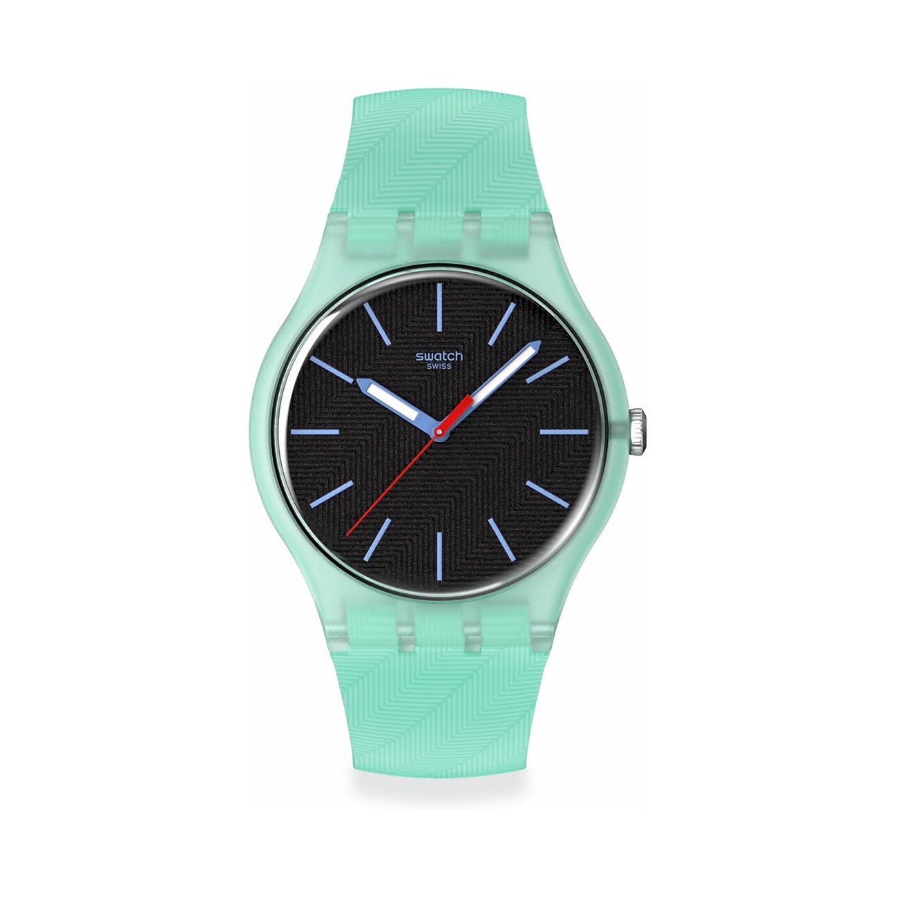 Swatch Unisexuhr aus minttürkisem Kunststoff mit schwarzem Zifferblatt und roten und blauen Zeigern.