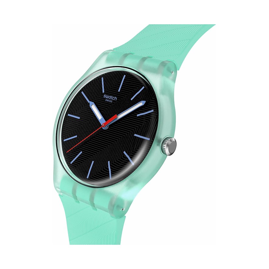 Smaragdgrüne Swatch Unisexuhr aus Kunststoff mit schwarzem Zifferblatt und roten/blauen Akzenten, schräg von oben.