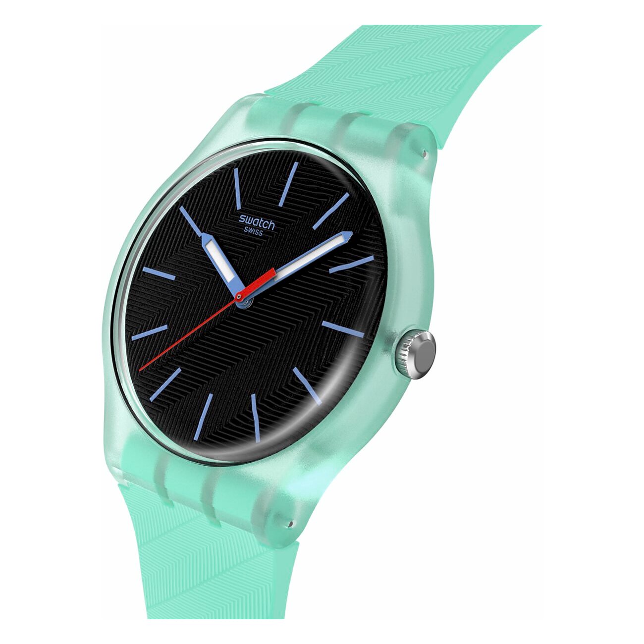Smaragdgrüne Swatch Unisexuhr aus Kunststoff mit schwarzem Zifferblatt und roten/blauen Akzenten, schräg von oben.
