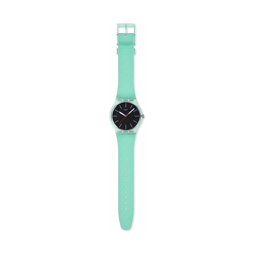 Die Swatch Unisexuhr aus minttürkisem Kunststoff von oben gesehen auf weißem Hintergrund.