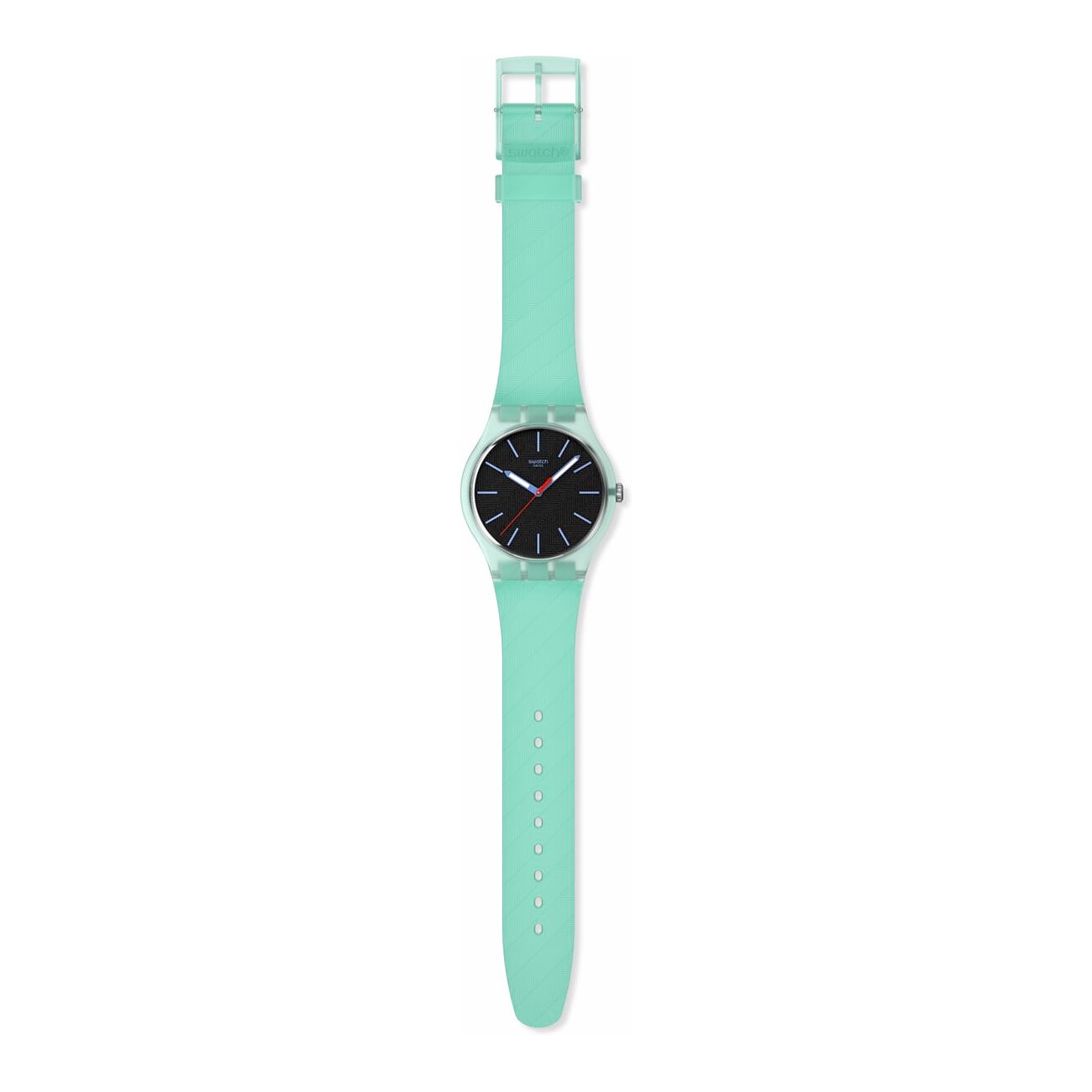 Die Swatch Unisexuhr aus minttürkisem Kunststoff von oben gesehen auf weißem Hintergrund.