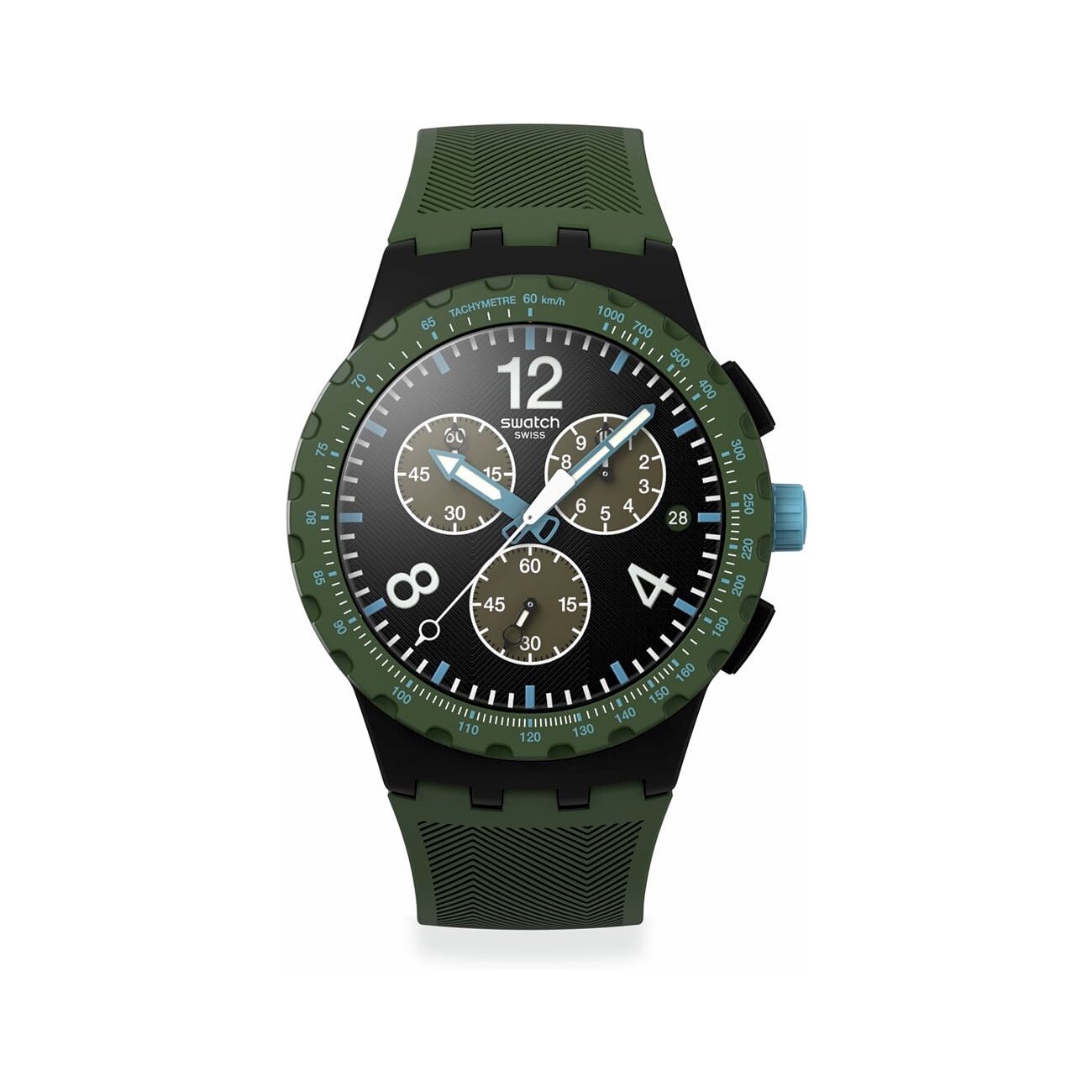 Orologio unisex Swatch in plastica con quadrante nero e cinturino verde, vista frontale.