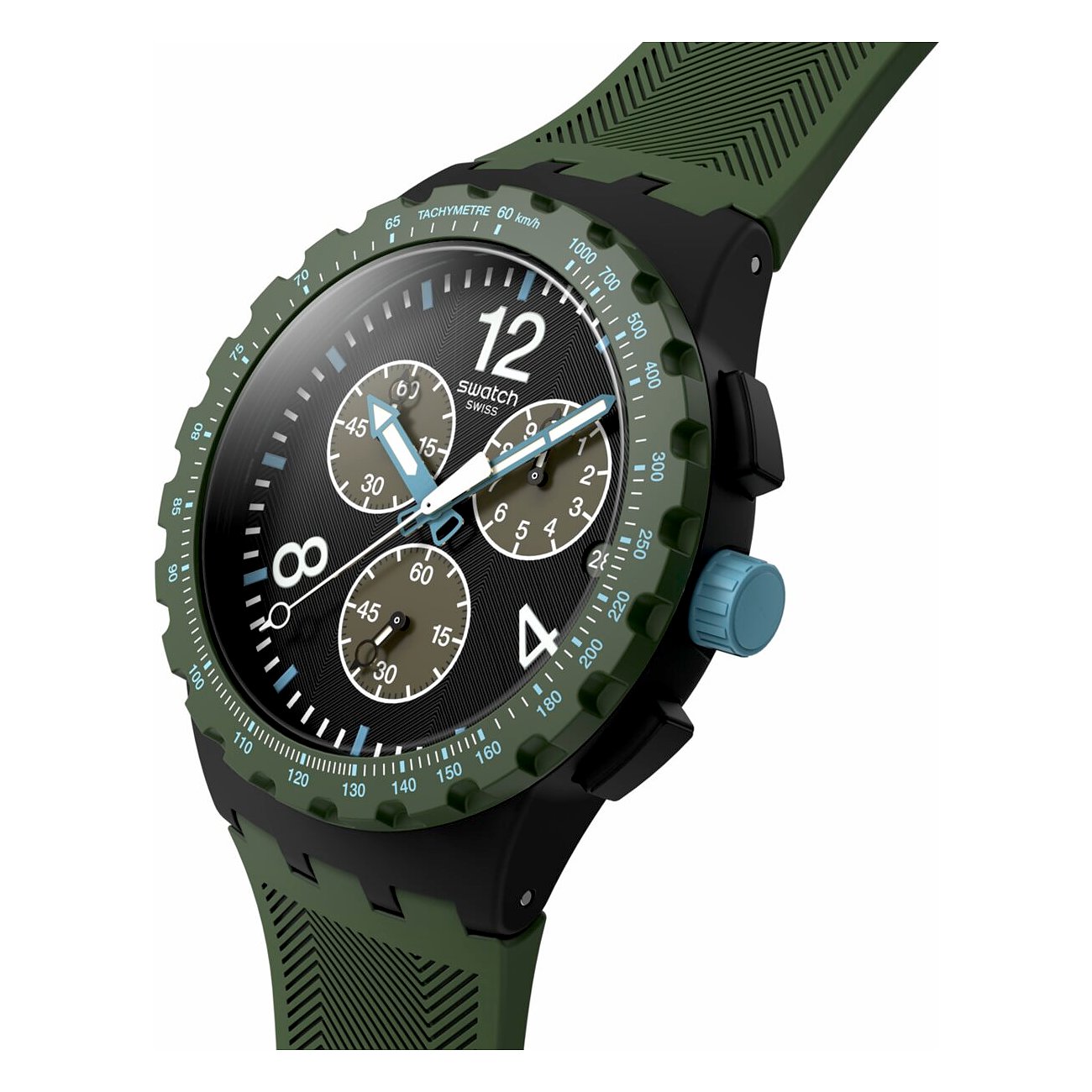 Primo piano orologio unisex Swatch in plastica con quadrante nero, accenti verdi/blu, ripreso diagonalmente dall'alto.