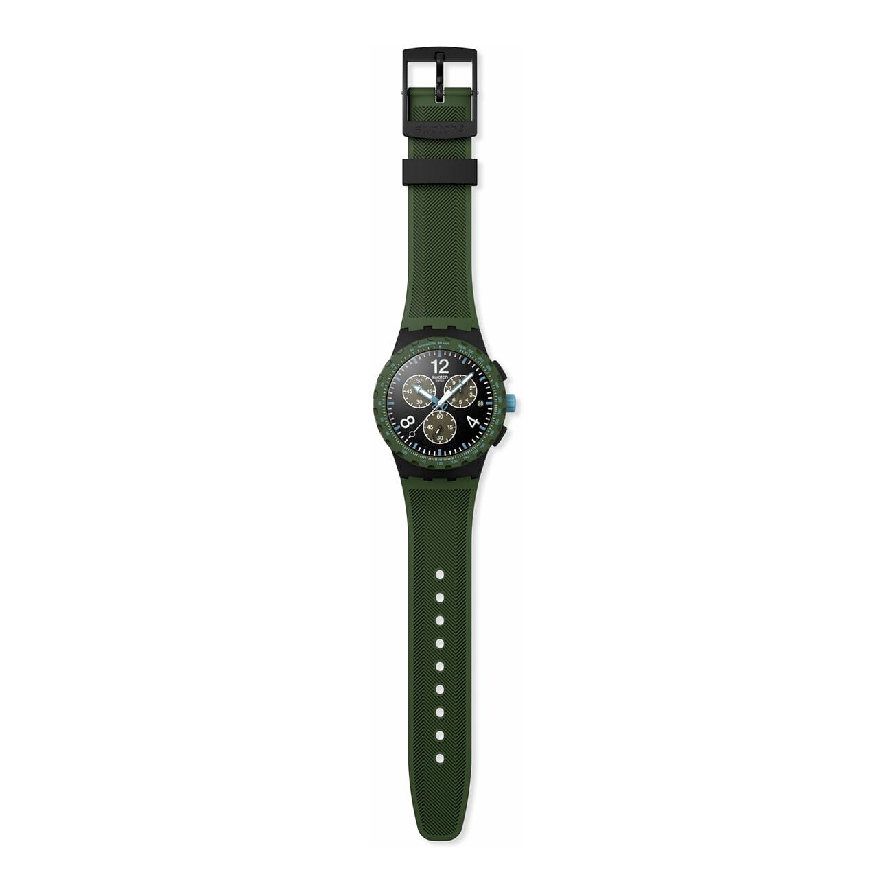 Orologio unisex Swatch in plastica verde scuro, formato verticale, con quadrante nero e indicatori grigi.