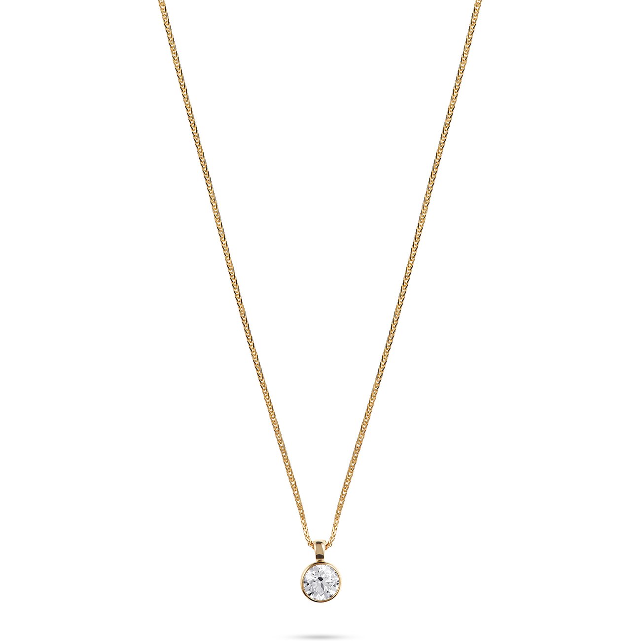 CHRIST 585 Gelbgoldkette mit einem runden Diamant-Anhänger, freigestellt auf weißem Hintergrund.