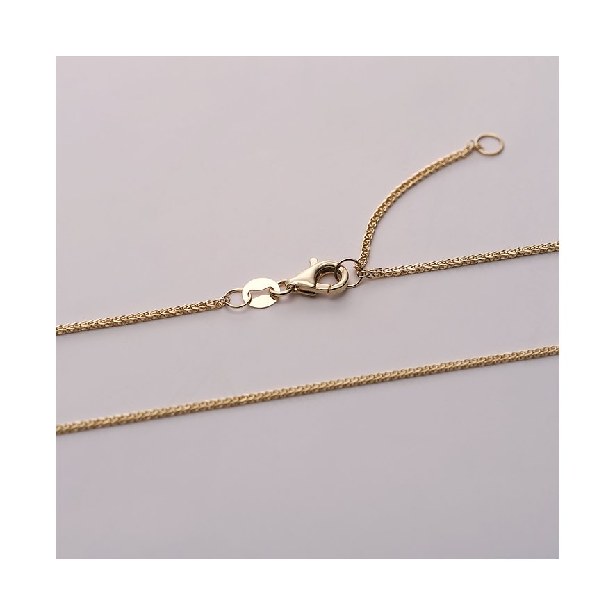 Die goldene Ankerkette aus 585 Gelbgold von CHRIST zeigt ihren Verschluss und das Verlängerungsstück.