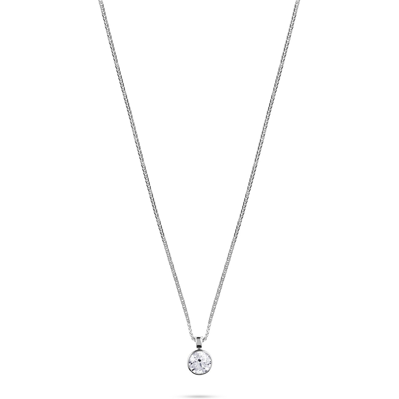CHRIST Halsschmuck aus 585 Weißgold mit einem runden Diamanten als Anhänger, mittig auf weißem Hintergrund.