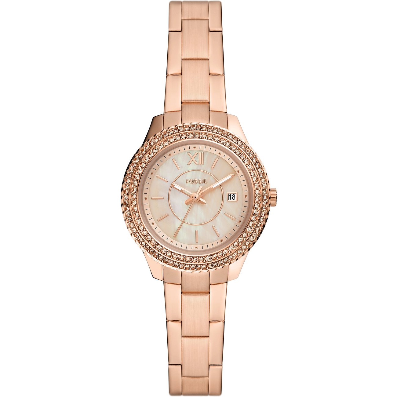 Fossil Damenuhr aus roségoldfarbenem Edelstahl mit glitzerndem Zifferblatt und runden Schmucksteinen am Gehäuse.