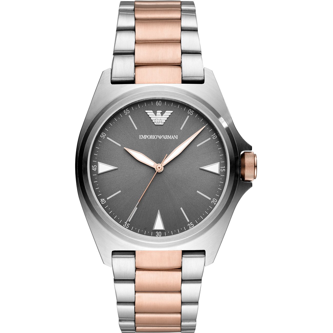 Emporio Armani Herrenuhr aus Edelstahl mit roségoldfarbenen Akzenten und einem grauen Zifferblatt.