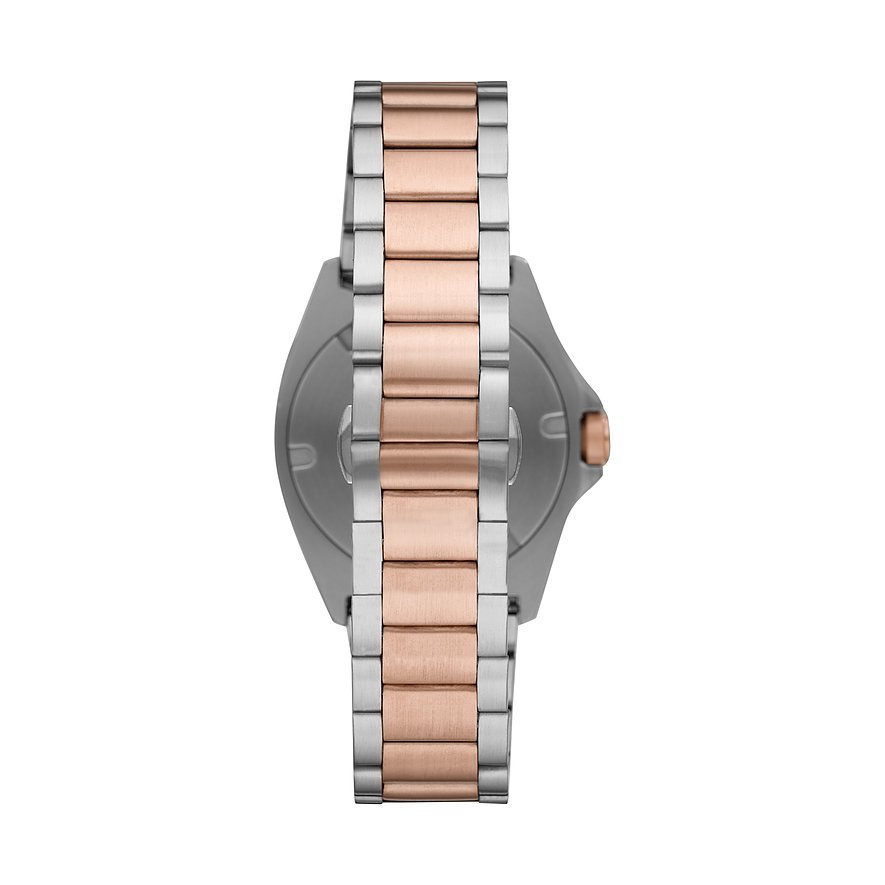 Die Rückansicht einer Herrenuhr von Emporio Armani aus Edelstahl von der Seite, mit einem zweifarbigen Armband.