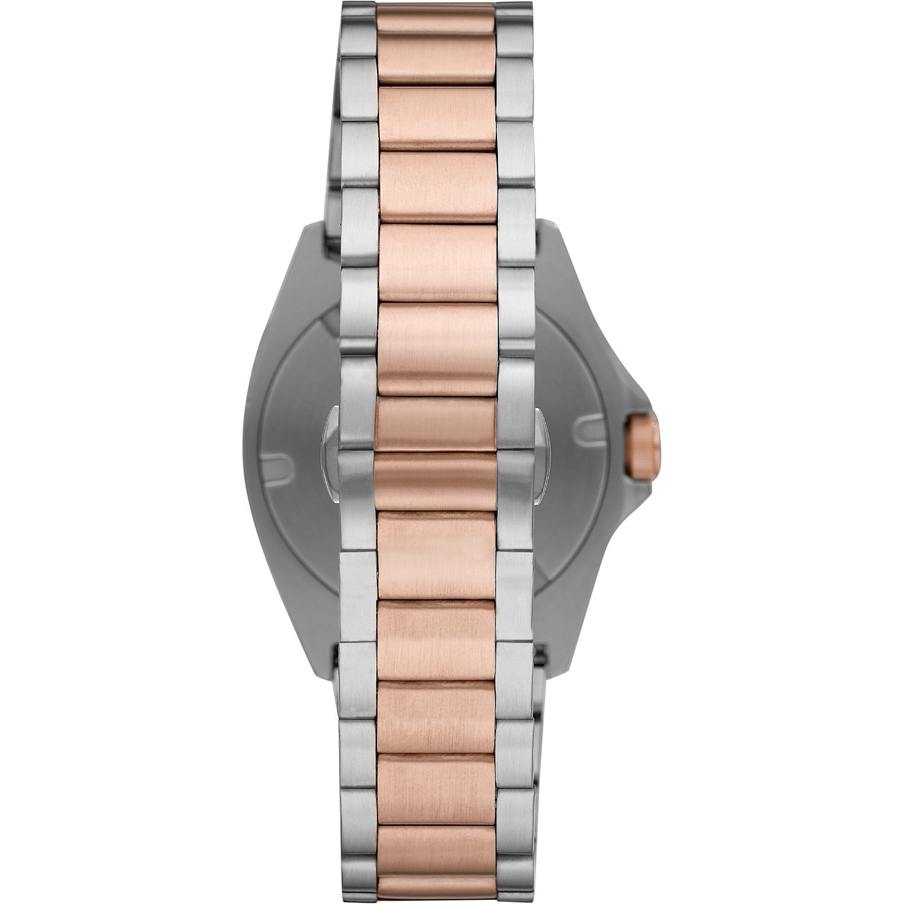 Die Rückansicht einer Herrenuhr von Emporio Armani aus Edelstahl von der Seite, mit einem zweifarbigen Armband.