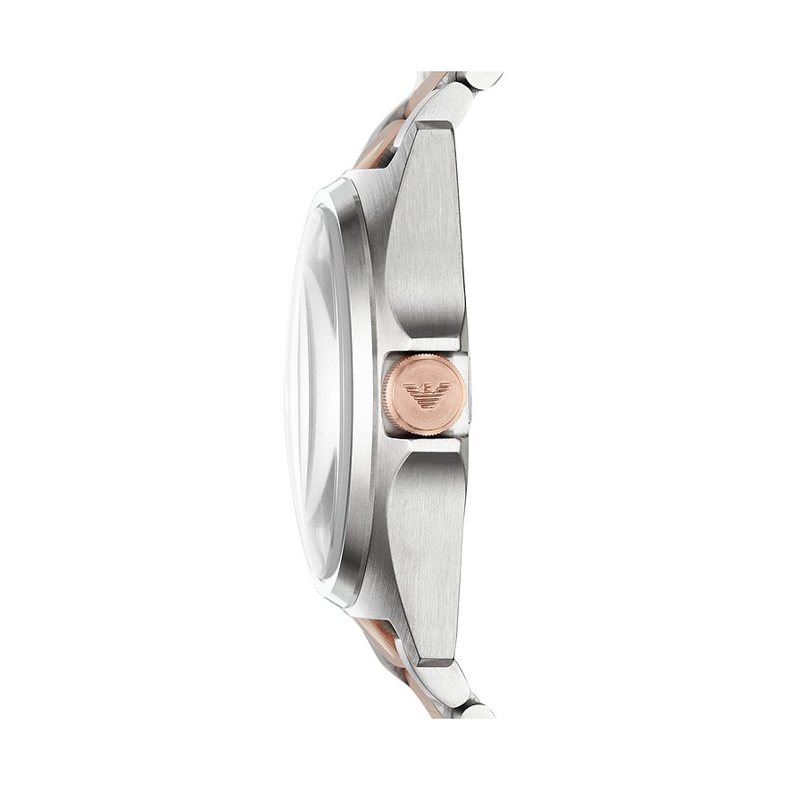 Seitenansicht einer Emporio Armani Herrenuhr aus Edelstahl mit roségoldener Krone und Markenlogo.