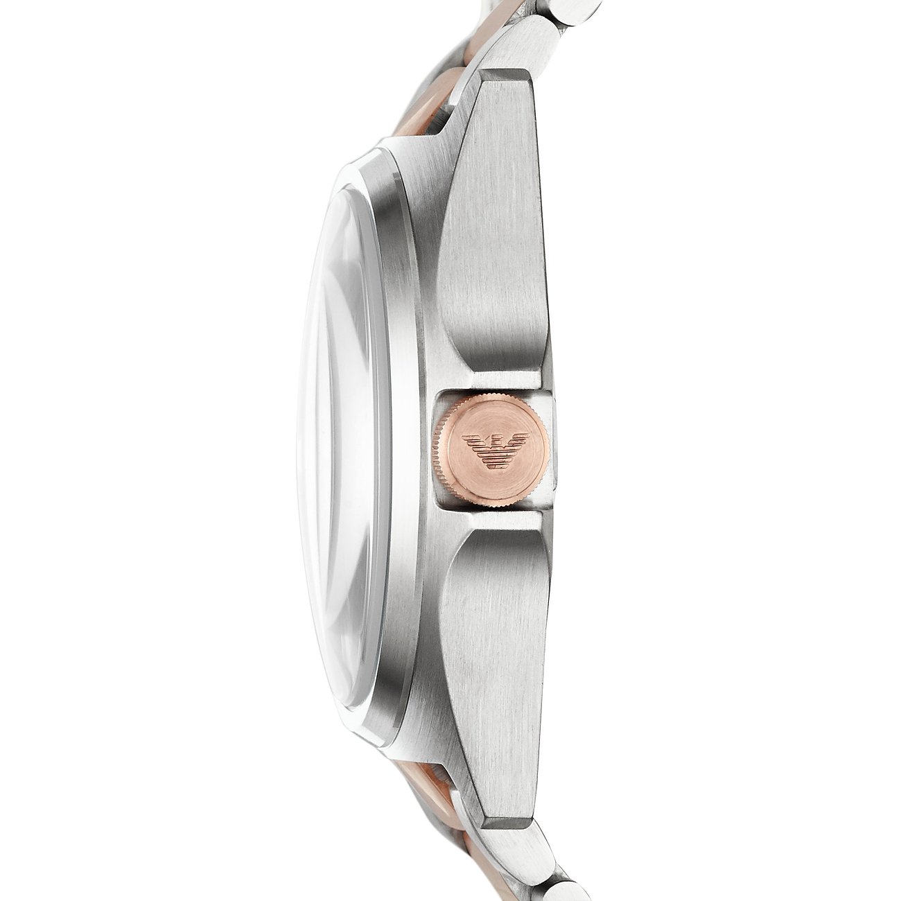 Seitenansicht einer Emporio Armani Herrenuhr aus Edelstahl mit roségoldener Krone und Markenlogo.