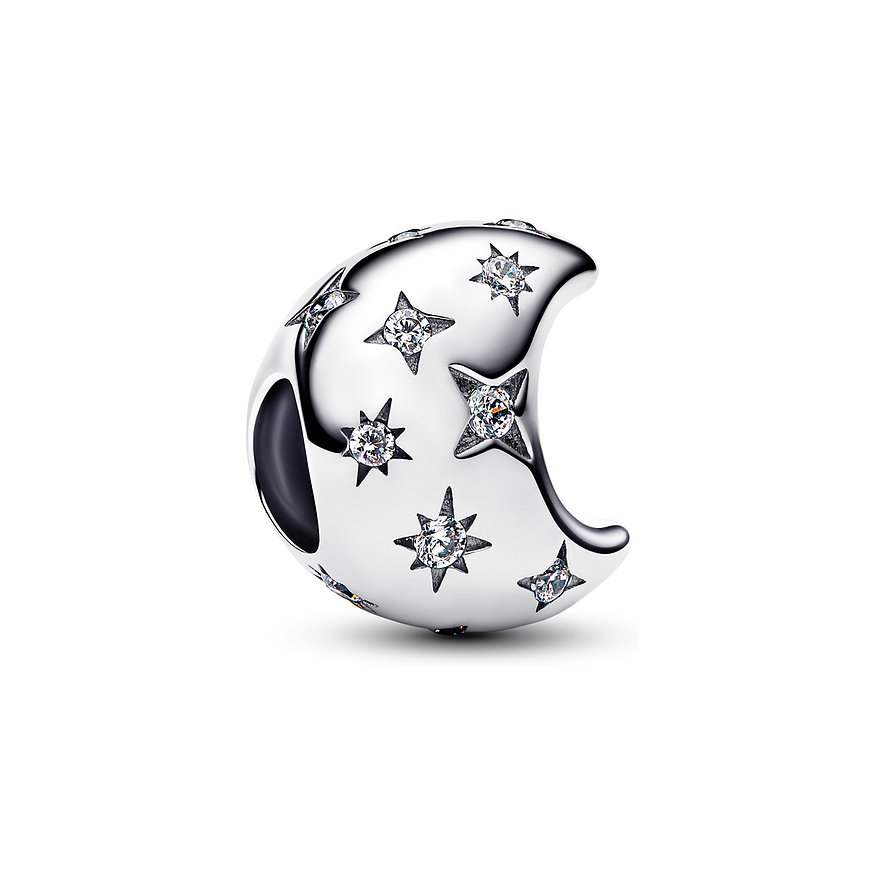 Pandora Anhängeschmuck aus 925er Silber in Form einer Mondsichel mit insgesamt elf sternförmig gefassten Zirkonia Steinen.
