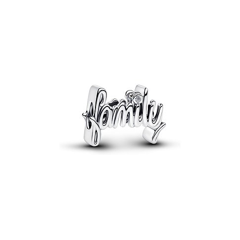 Pandora Charm aus Silber in Form des Wortes "family", verziert mit einem Farbstein Zirkonia.