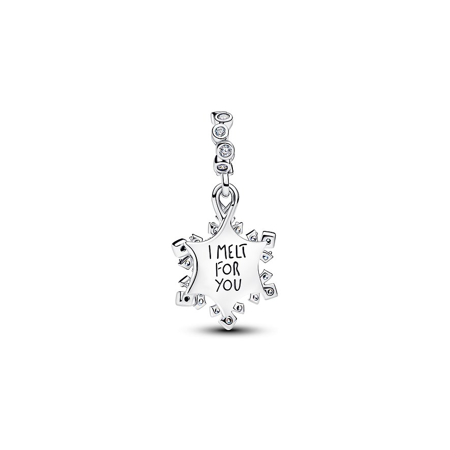 Pandora hängender Schneeflocken-Charm aus 925er Silber mit Zirkonia und der Gravur „I MELT FOR YOU“.
