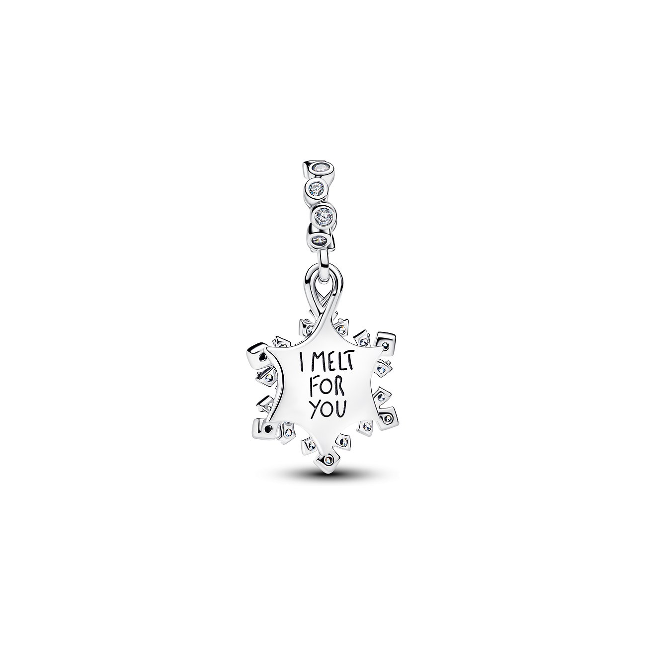 Pandora hängender Schneeflocken-Charm aus 925er Silber mit Zirkonia und der Gravur „I MELT FOR YOU“.