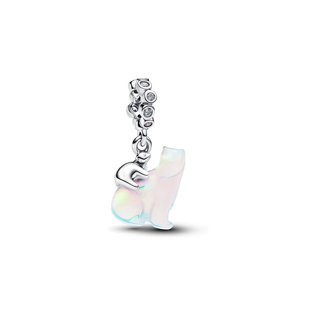 Pandora Katzen-Anhänger aus Silber mit Zirkonia und irisierendem Glas, der einen sich anklammernden Kater darstellt.