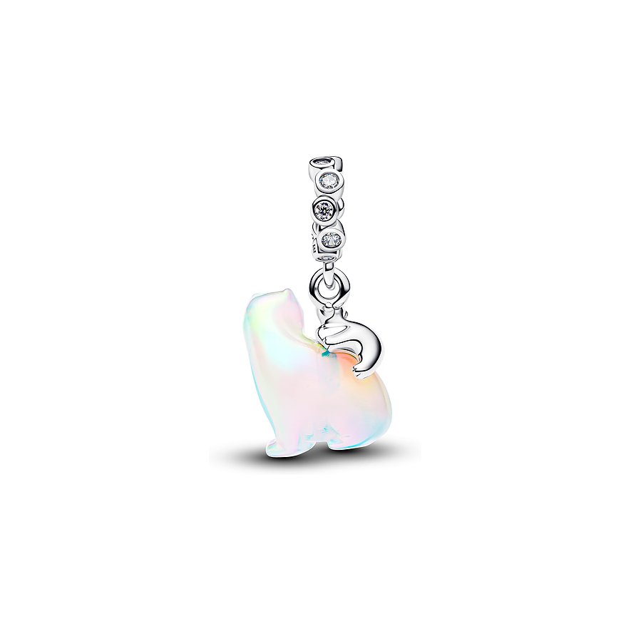 Pandora Anhängeschmuck aus 925er Silber mit irisierendem Katzen-Motiv und klaren Zirkonia-Steinen.