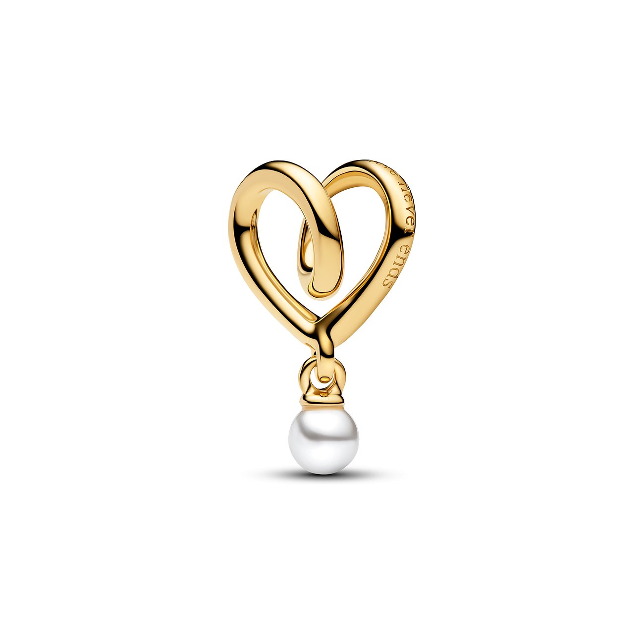 Pandora Anhängeschmuck aus goldfarbenem Metall in Herzform, besetzt mit einer weißen Perle.