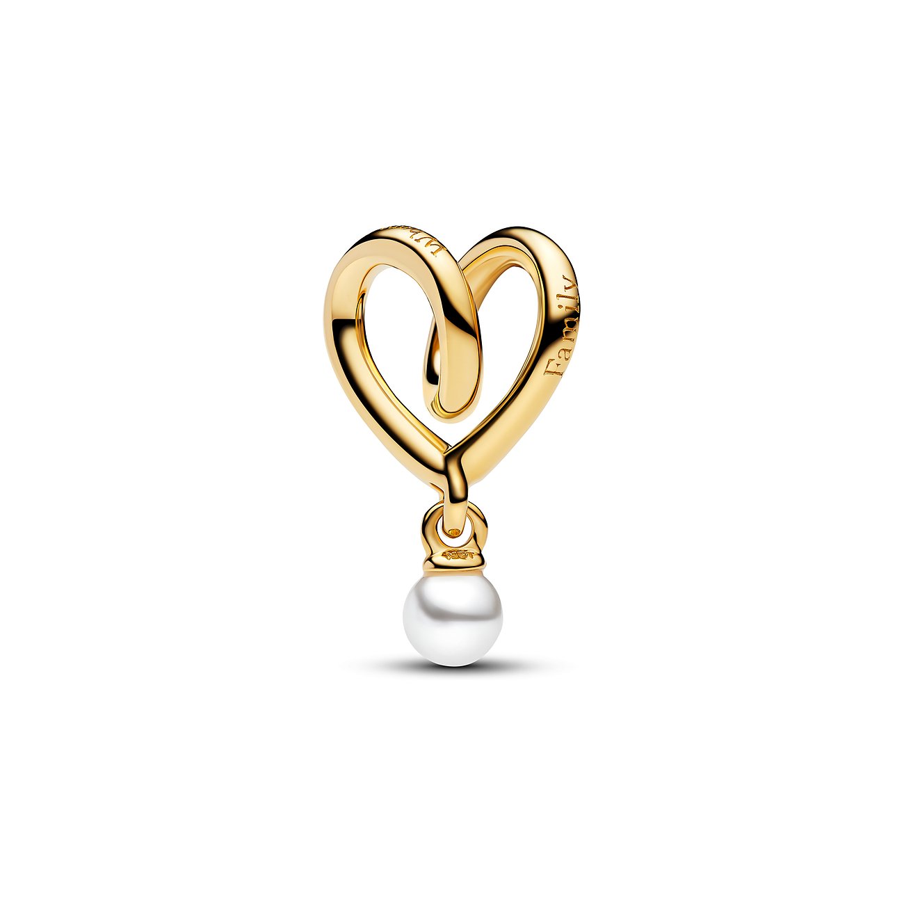 Pandora Anhängeschmuck aus goldfarbenem Metall in Herzform, besetzt mit einer einzelnen Perle.
