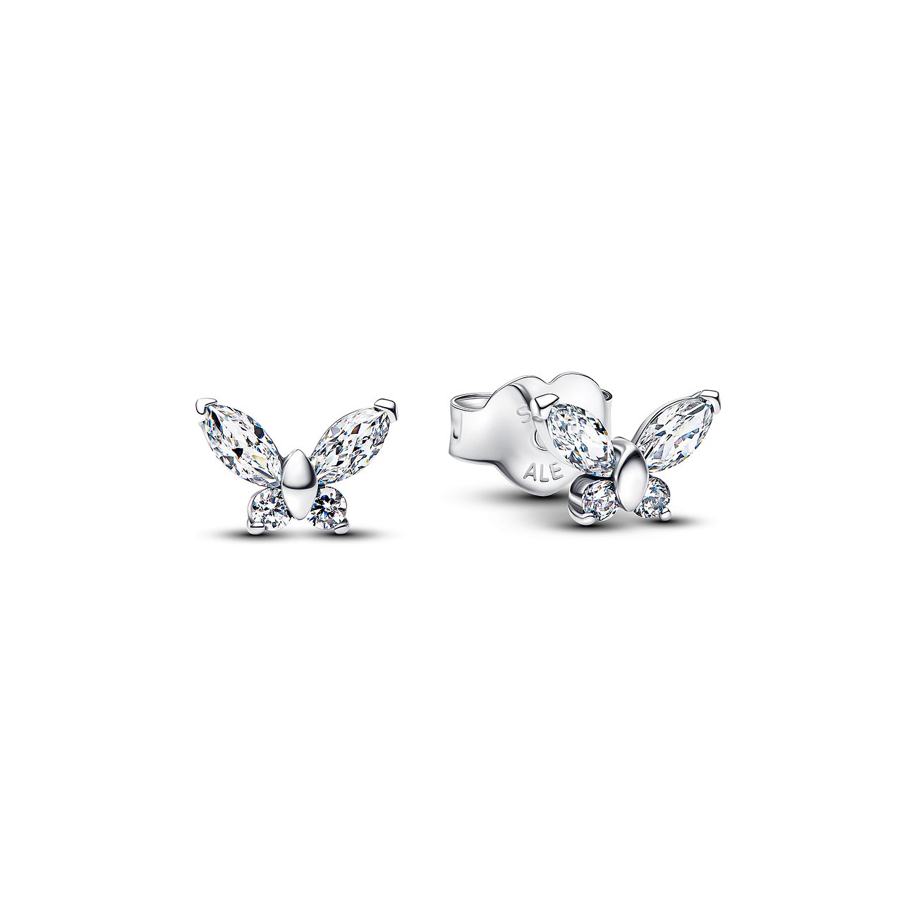 Zwei Pandora Schmetterling-Ohrstecker aus 925er Silber mit Zirkonia-Steinen in Schmetterlingsform auf weißem Hintergrund.