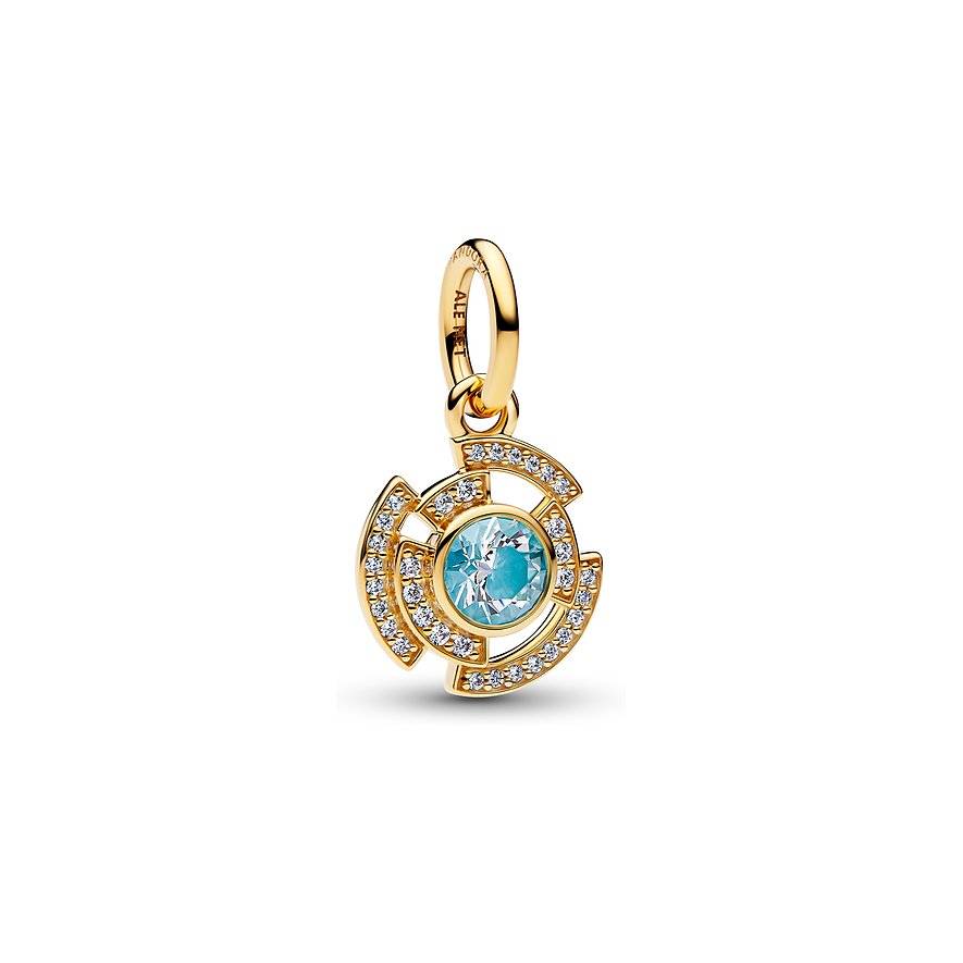 Pandora Anhängeschmuck aus vergoldetem Metall mit einem zentralen blauen FarbstZirkonia, umgeben von klaren Zirkonia.