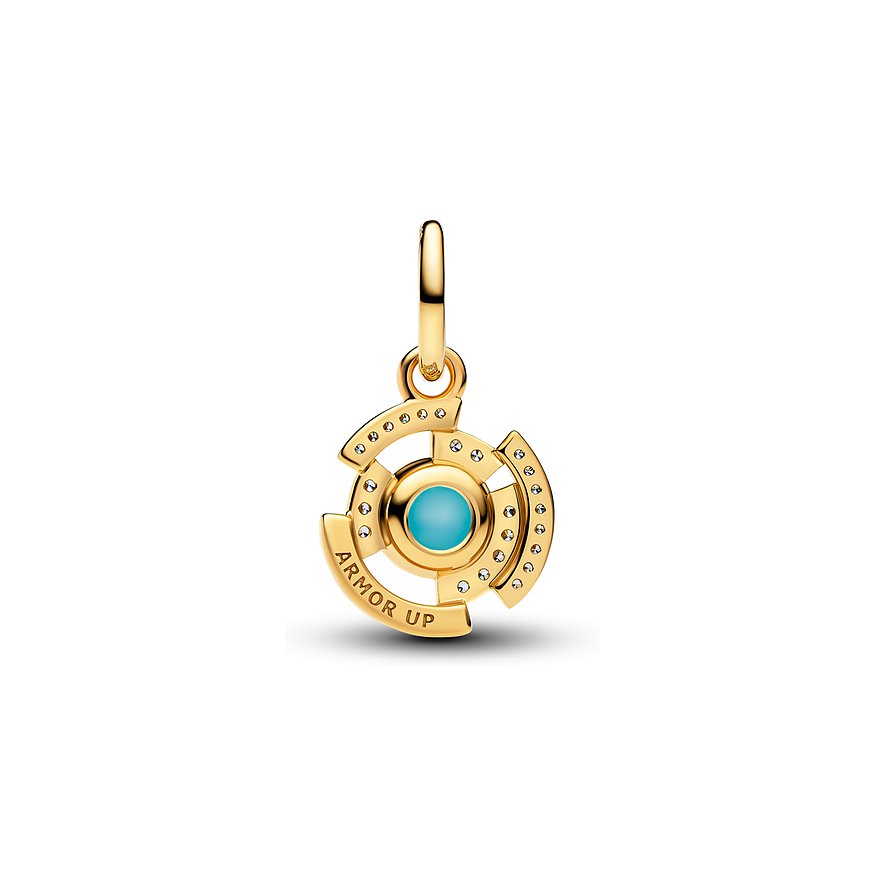 Pandora Anhängeschmuck, goldfarben, runde türkisblaue Emaille-Einlage, Zirkonia. Aufschrift: 