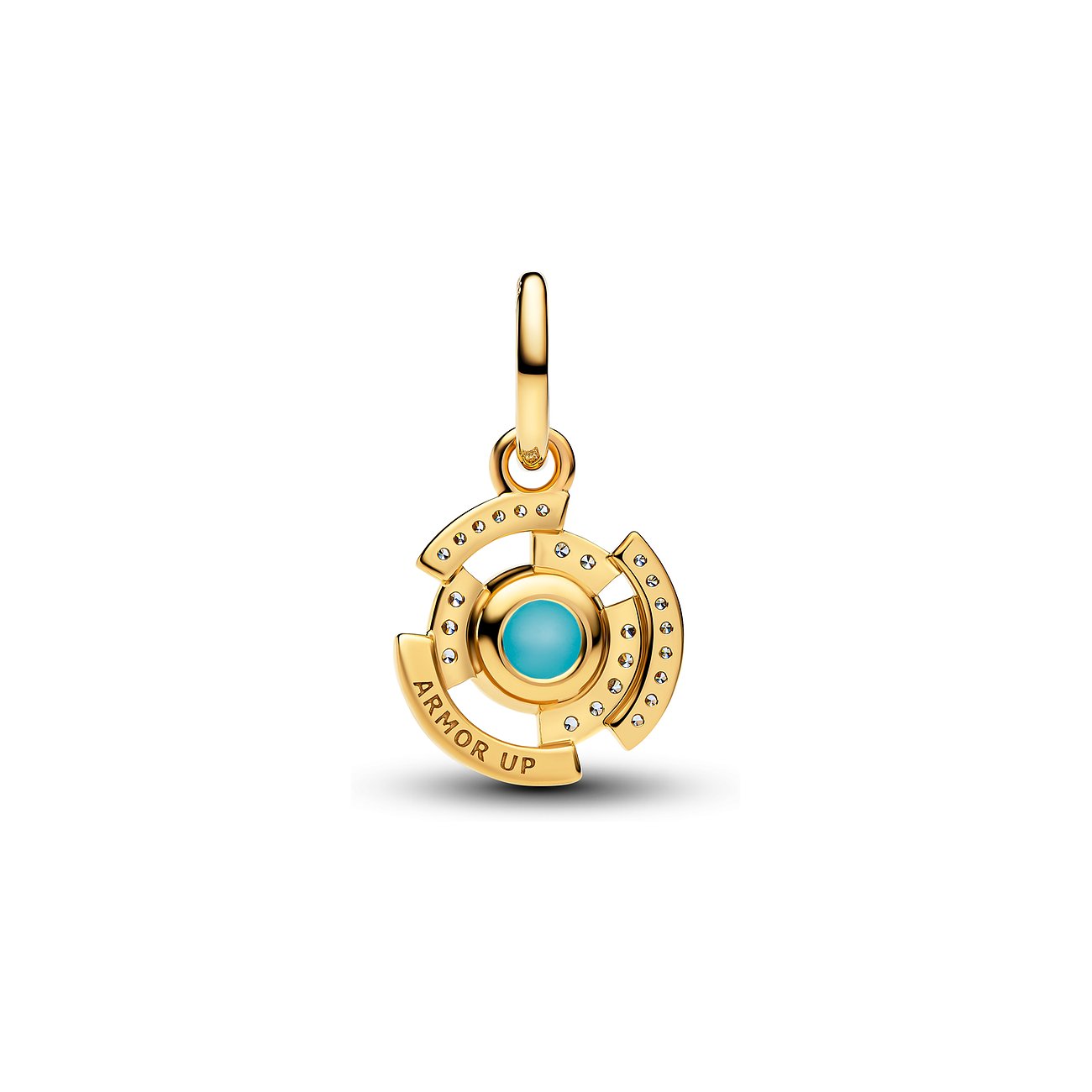 Pandora Anhängeschmuck, goldfarben, runde türkisblaue Emaille-Einlage, Zirkonia. Aufschrift: 