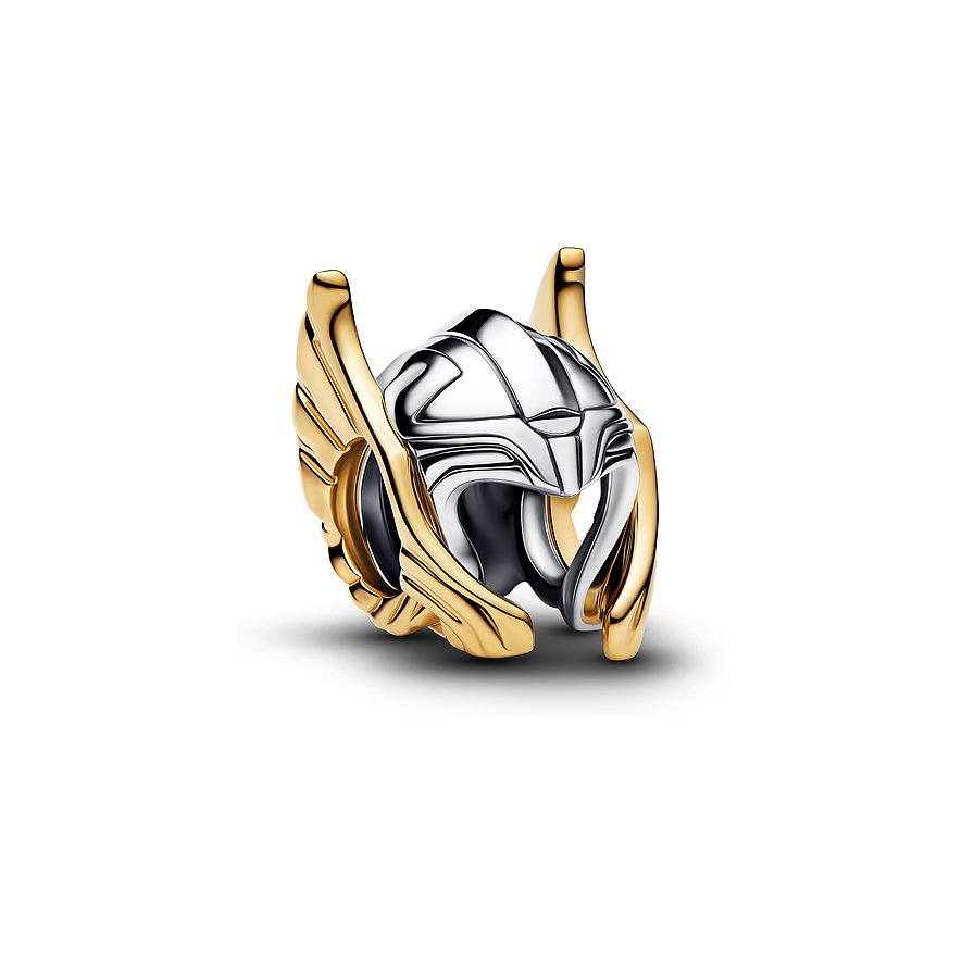 Pandora Anhängeschmuck Thors Helm aus 925er Silber und goldfarbenem Metall von vorne. Flügel goldfarben, Helm silberfarben.