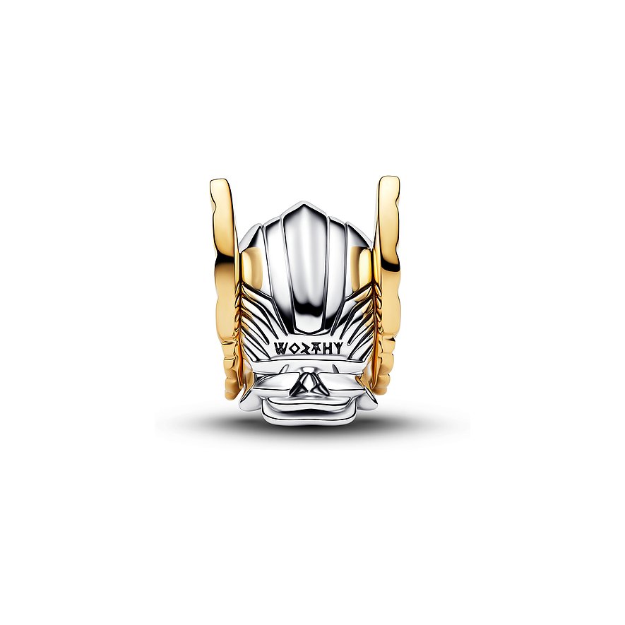 Pandora-Anhänger aus Bicolor-Silber und Metall, Thor-Helm mit goldfarbenen Flügeln und der Inschrift „WORTHY“.