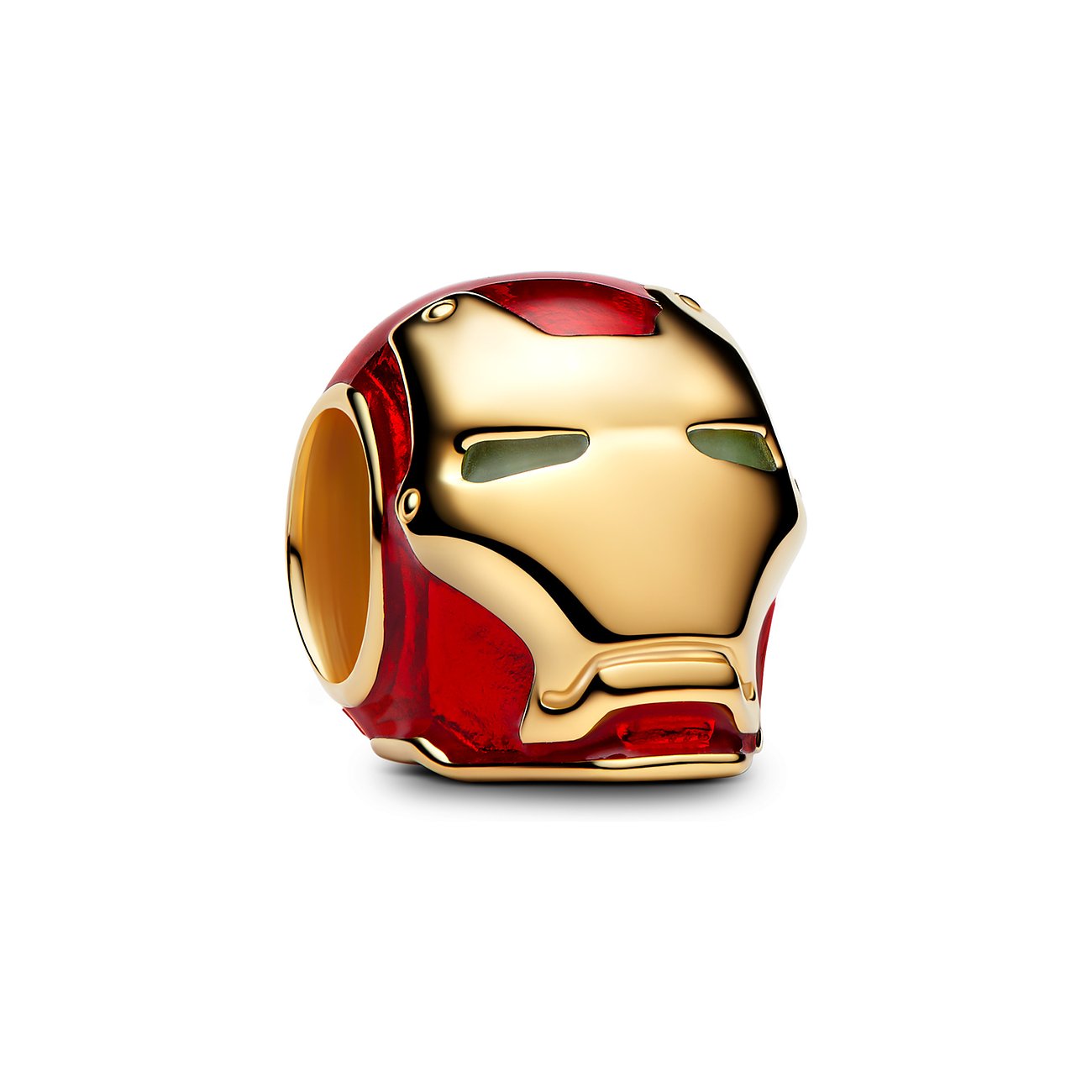 Pandora Anhängeschmuck in Form des roten und goldfarbenen Iron Man Helms aus Metall mit Emaille.