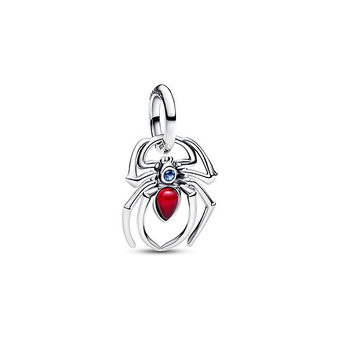 Pandora Spinnen-Anhängeschmuck aus 925er Silber mit einer roten Farbsteinperle und einem blauen Kristall.