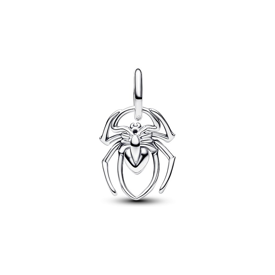 Pandora Anhängeschmuck aus 925er Silber in Form einer detaillierten Spinne, frontal aufgenommen.