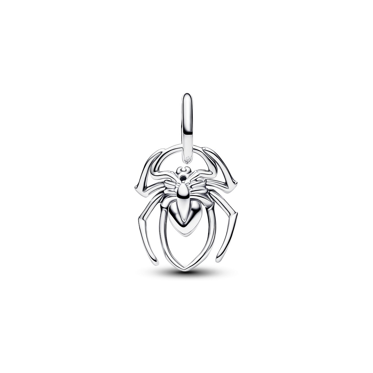 Pandora Anhängeschmuck aus 925er Silber in Form einer detaillierten Spinne, frontal aufgenommen.