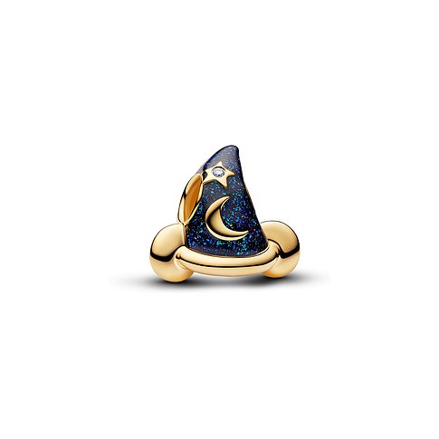 Pandora Anhänger: goldfarbener Hut mit glitzernder blauer Emaille, verziert mit Stern und Mondsichel.