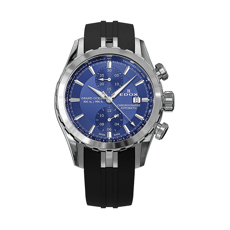 Edox Herrenuhr aus Edelstahl und Aluminium mit blauem Zifferblatt und schwarzem Band, frontal abgebildet.